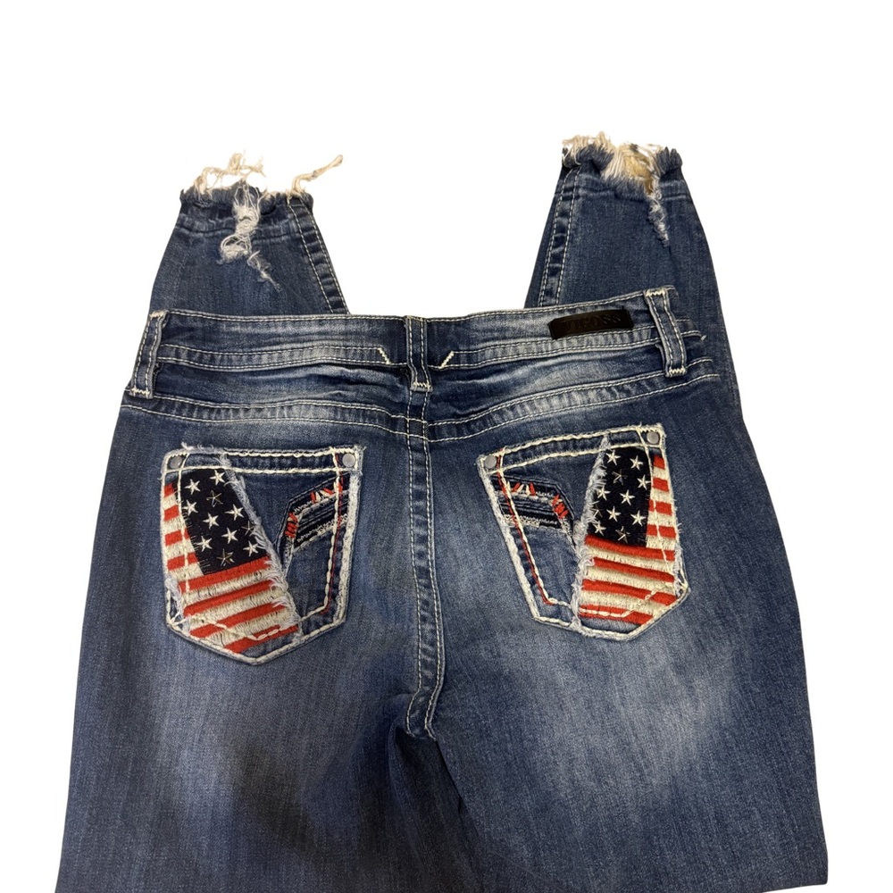 Vigoss Distressed Ankle Jeans with American Flag Pocket Appliqué - Blue